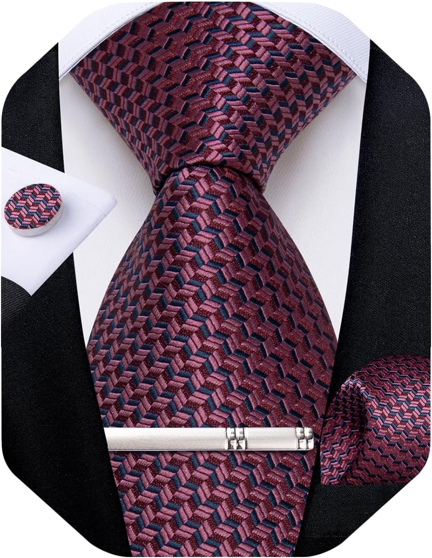 Mens Tie Silk Plaid Striped Necktie and Pocket Square Cufflinks Tie Clip Set with Gift Box Formal Wedding Party