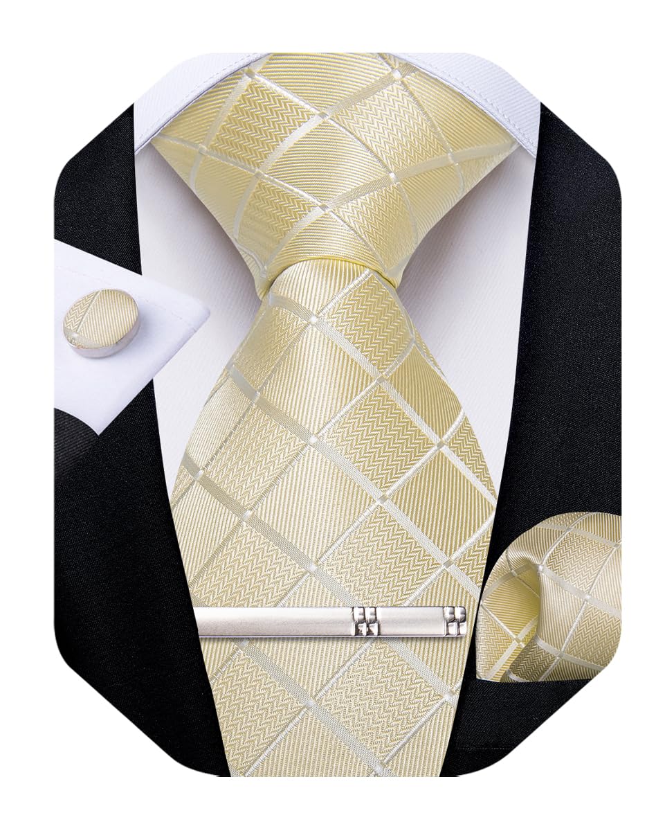 Silk Ties for Men Formal Plaid Check Necktie and Pocket Square Cufflinks Tie Clip Set Wedding Necktie with Gift Box