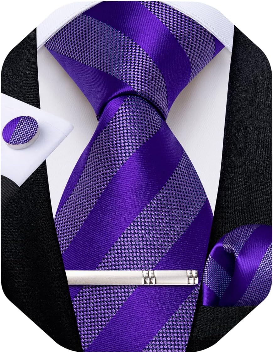 Mens Tie Silk Plaid Striped Necktie and Pocket Square Cufflinks Tie Clip Set with Gift Box Formal Wedding Party