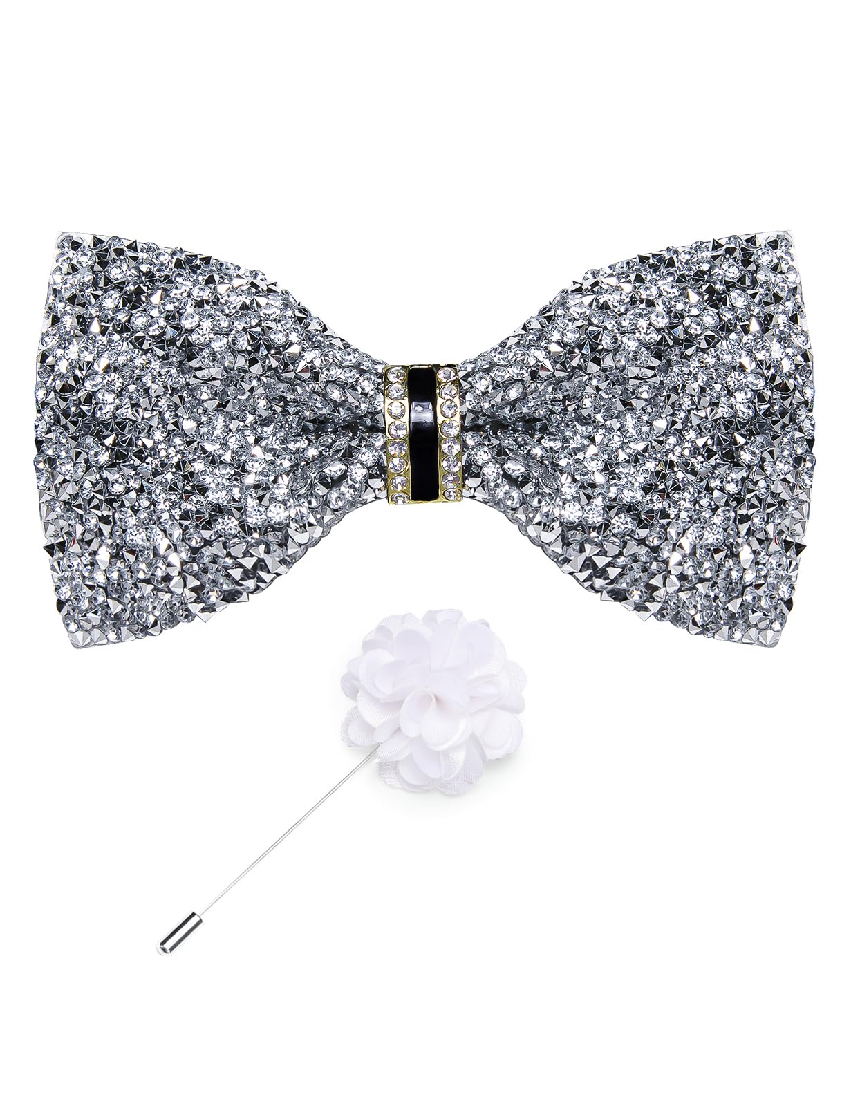 Rhinestone Bow Ties for Men Adjustable Sequin Diamond Pre-tied Bowtie with Ring and Lapel Pin Set for Wedding Party