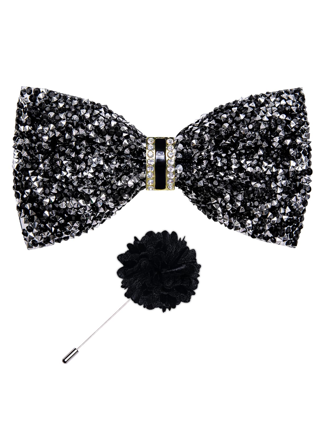 Rhinestone Bow Ties for Men Adjustable Sequin Diamond Pre-tied Bowtie with Ring and Lapel Pin Set for Wedding Party