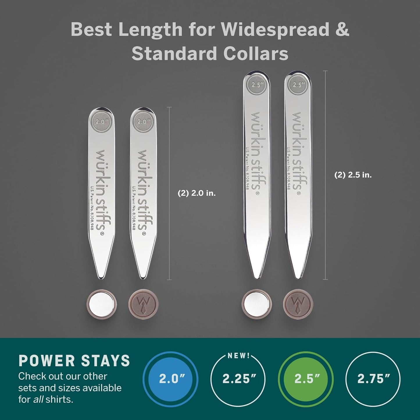 2.0-inch and 2.5-inch Power Stays Magnetic Collar Stays by Würkin Stiffs | 1 Pair of Each Size | Includes (2) 2.0” Power Stays and (2) 2.5” Power Stays with Storage Case | As Seen on Shark Tank