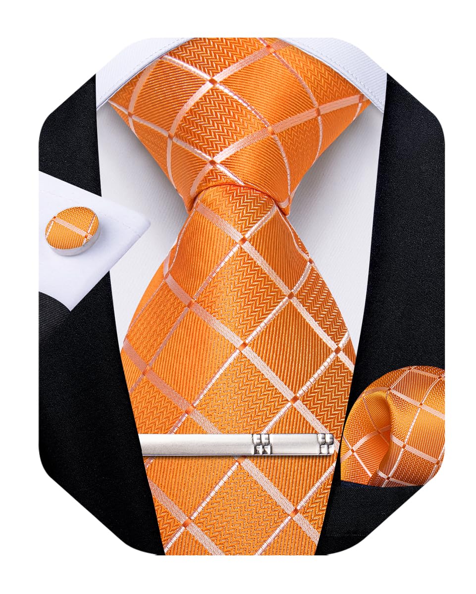Silk Ties for Men Formal Plaid Check Necktie and Pocket Square Cufflinks Tie Clip Set Wedding Necktie with Gift Box