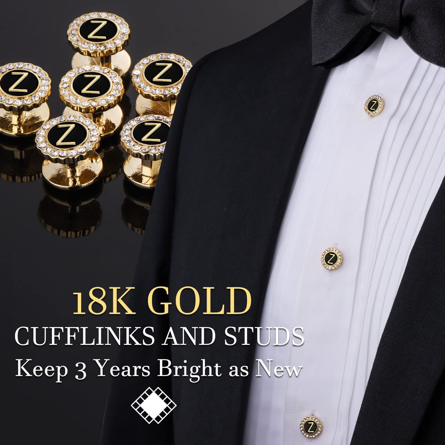 18K Gold Tone Initial Cufflinks for Men with Tuxedo Studs