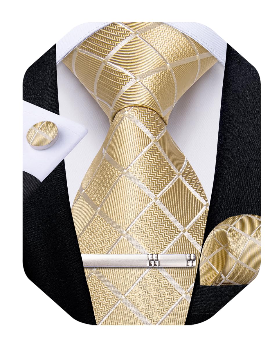 Silk Ties for Men Formal Plaid Check Necktie and Pocket Square Cufflinks Tie Clip Set Wedding Necktie with Gift Box