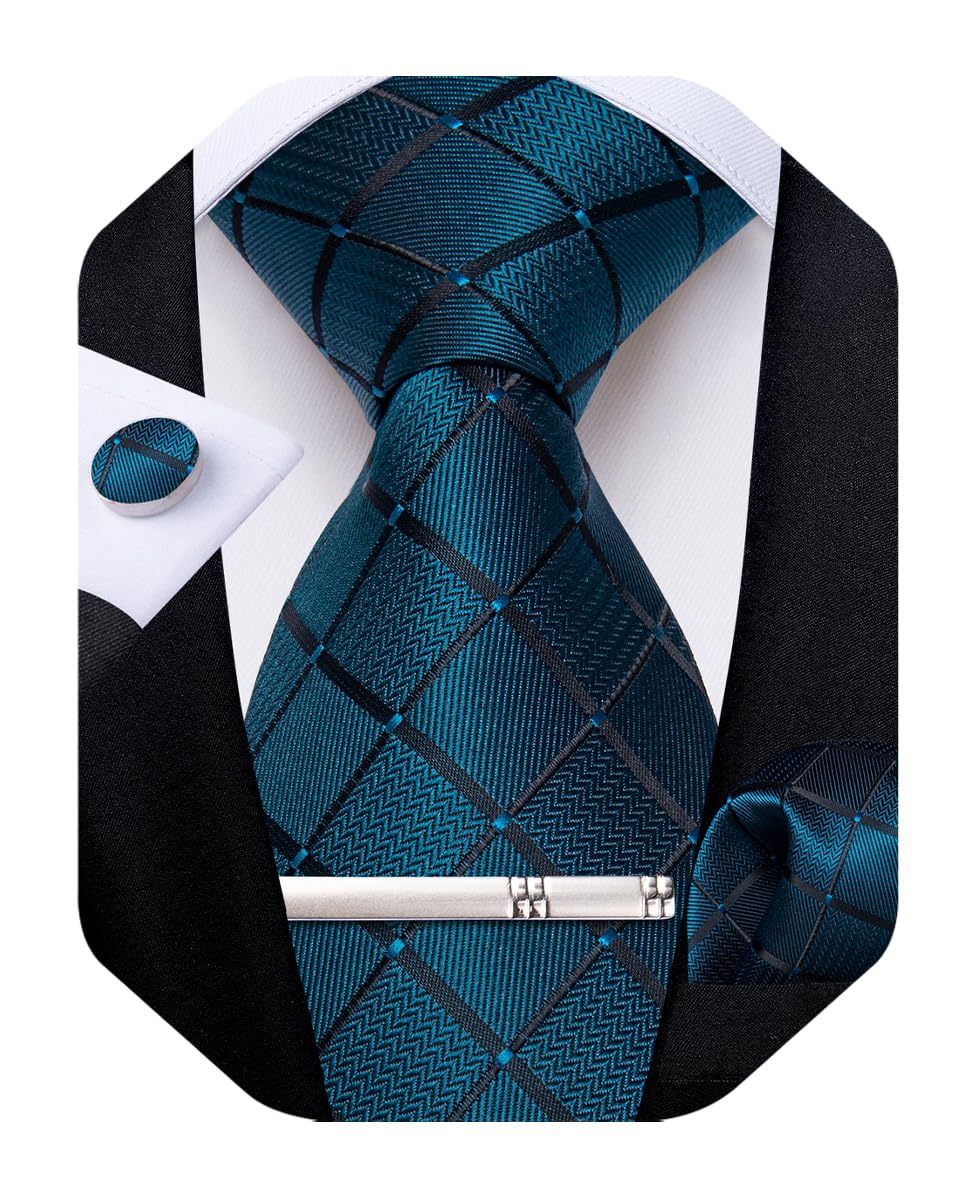 Silk Ties for Men Formal Plaid Check Necktie and Pocket Square Cufflinks Tie Clip Set Wedding Necktie with Gift Box