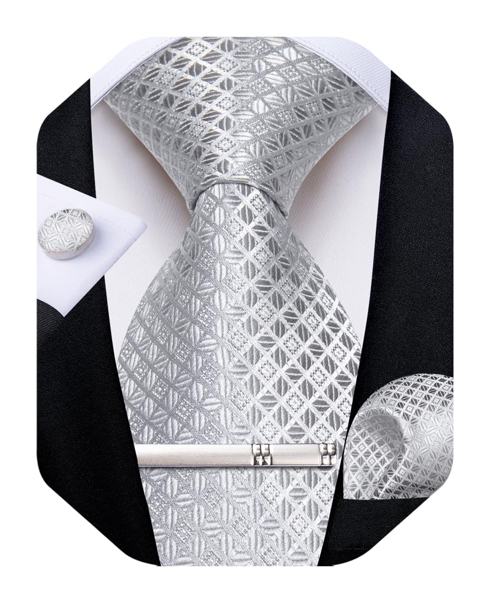 Silk Ties for Men Formal Plaid Check Necktie and Pocket Square Cufflinks Tie Clip Set Wedding Necktie with Gift Box