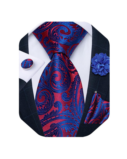 Mens Tie and Lapel Pin Set Silk Plaid Solid Paisley Necktie & Pocket Square Cufflinks for Wedding Party