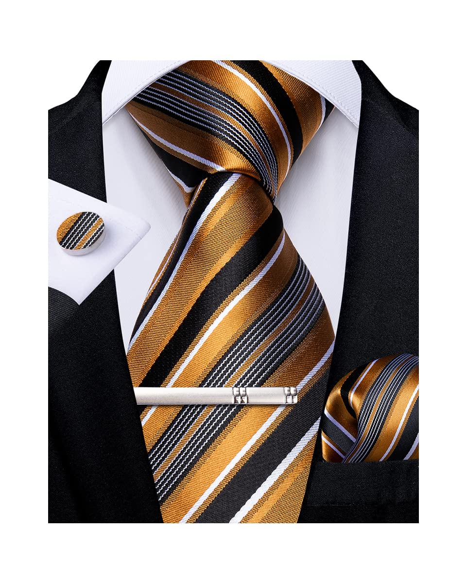 Mens Striped Tie Silk Woven Necktie and Pocket Square Cufflinks Tie Clip Set Wedding Business Formal Gift Tie for Men