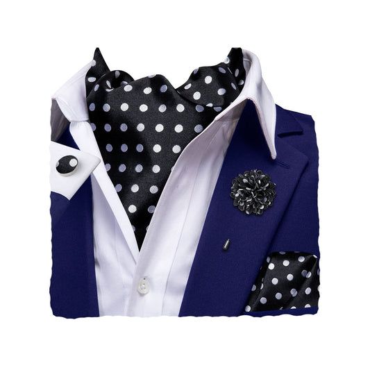 Silk Ascot for Men Self Tie Men's Cravat and Flower Lapel Pin Handkerchief Cufflinks Set for Wedding Party