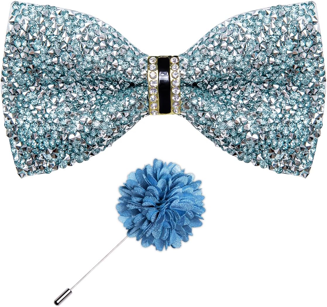 Rhinestone Bow Ties for Men Adjustable Sequin Diamond Pre-tied Bowtie with Ring and Lapel Pin Set for Wedding Party