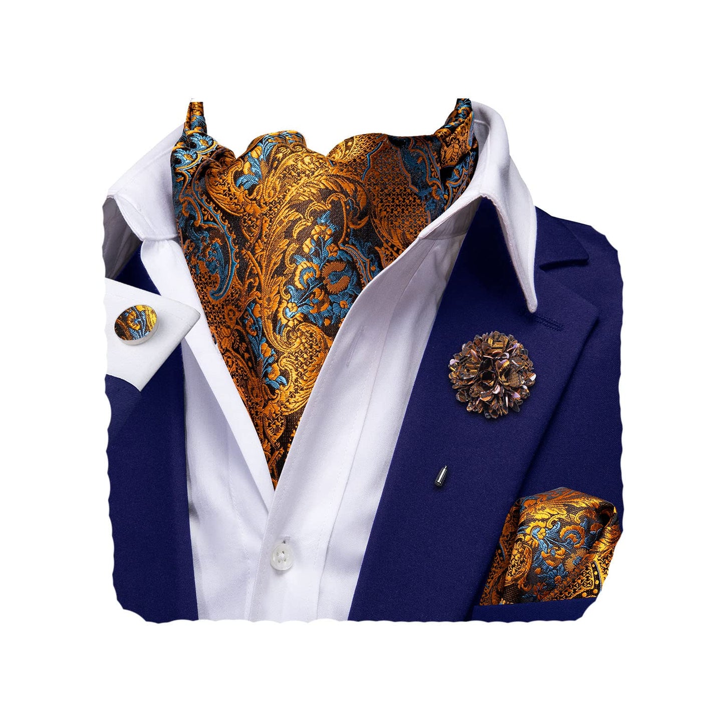 Silk Ascot for Men Self Tie Men's Cravat and Flower Lapel Pin Handkerchief Cufflinks Set for Wedding Party