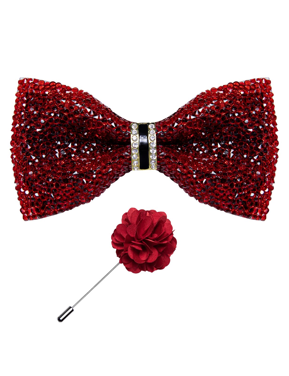 Rhinestone Bow Ties for Men Adjustable Sequin Diamond Pre-tied Bowtie with Ring and Lapel Pin Set for Wedding Party