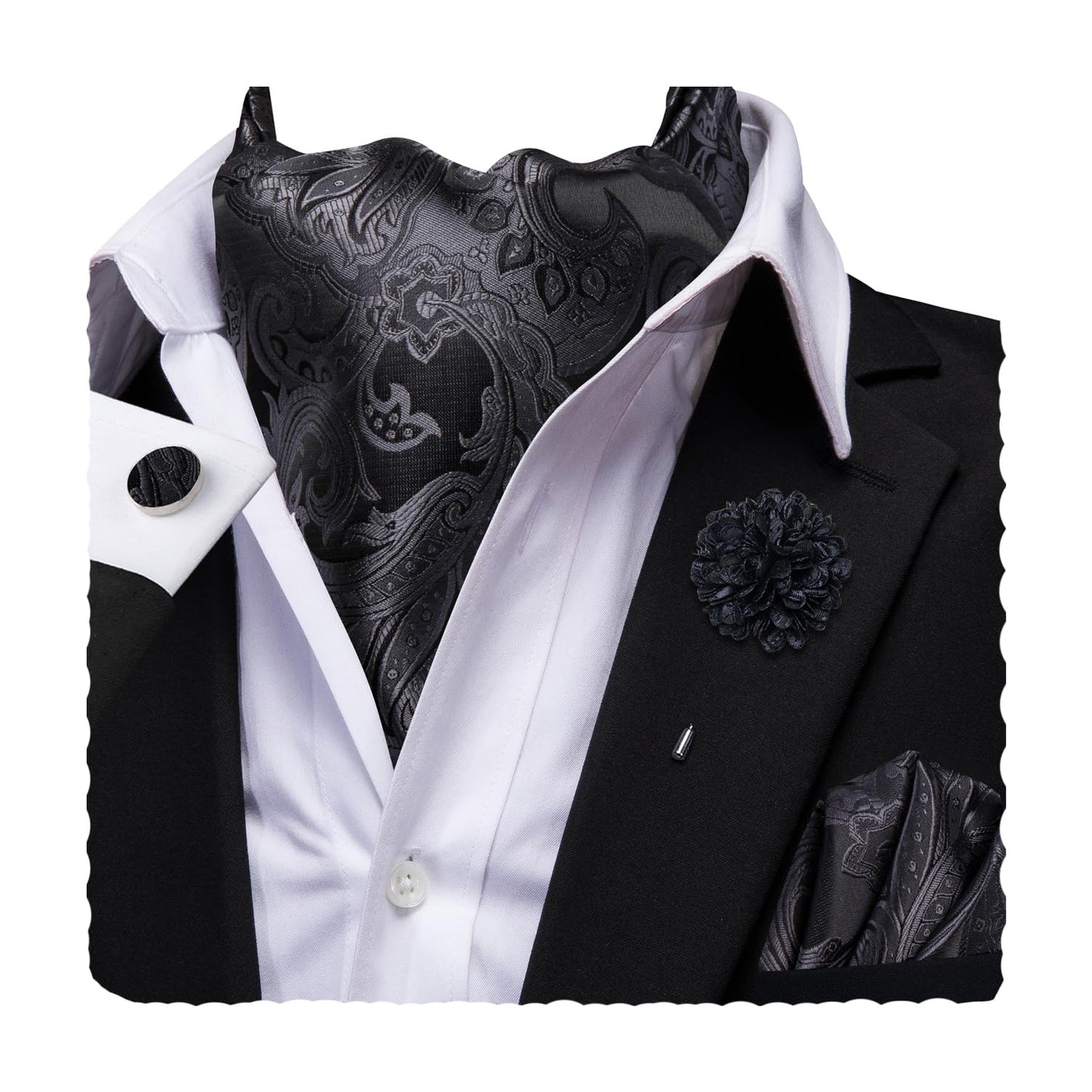 Ascot for Men Silk Cravat Handkerchief Cufflinks Lapel Pin Scarf Tie Sets Wedding Party Formal