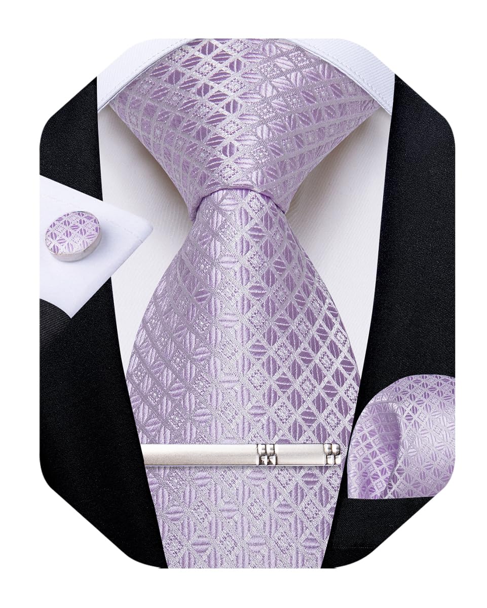 Silk Ties for Men Formal Plaid Check Necktie and Pocket Square Cufflinks Tie Clip Set Wedding Necktie with Gift Box