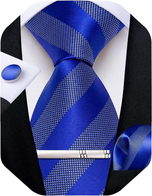 Mens Tie Silk Plaid Striped Necktie and Pocket Square Cufflinks Tie Clip Set with Gift Box Formal Wedding Party