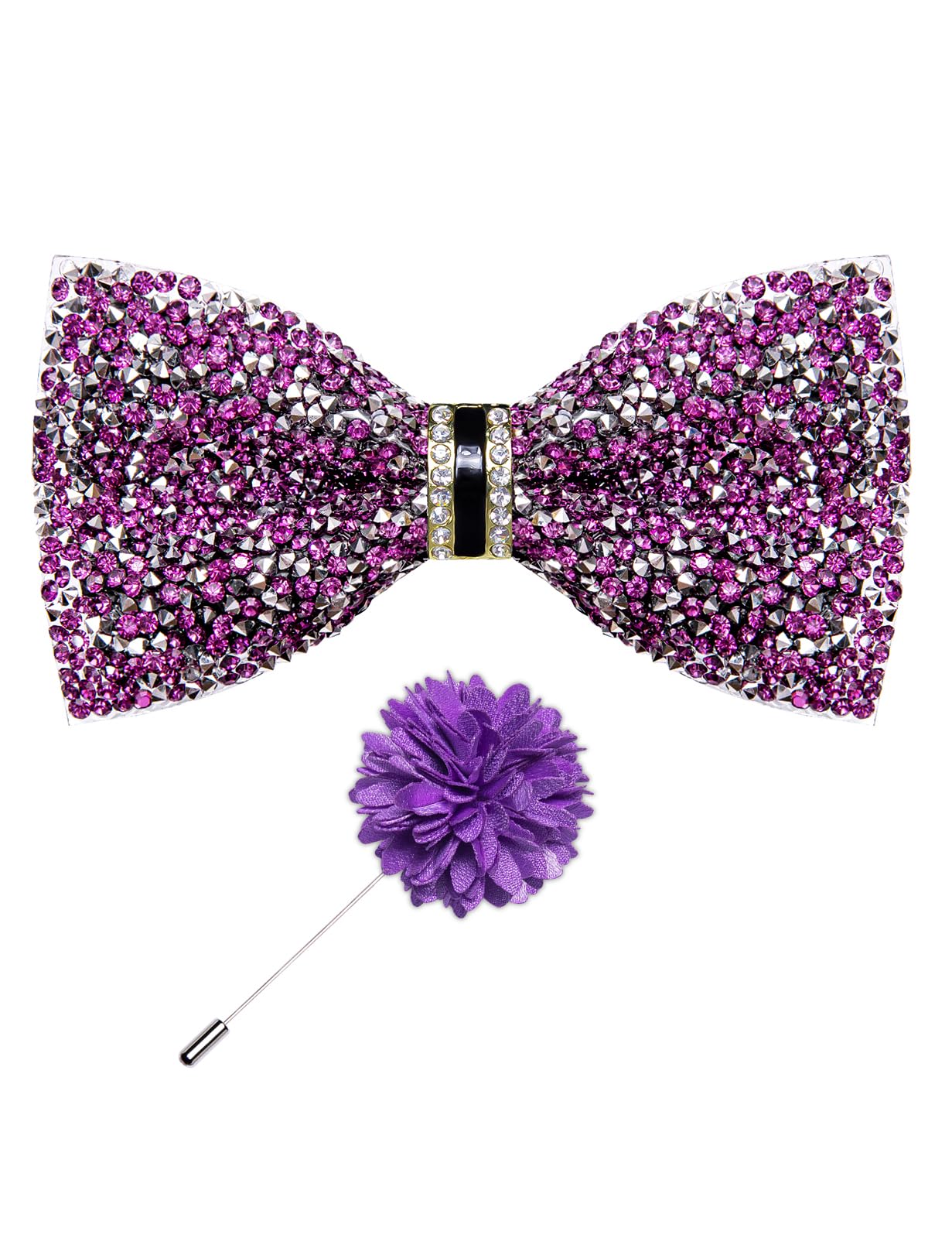 Rhinestone Bow Ties for Men Adjustable Sequin Diamond Pre-tied Bowtie with Ring and Lapel Pin Set for Wedding Party