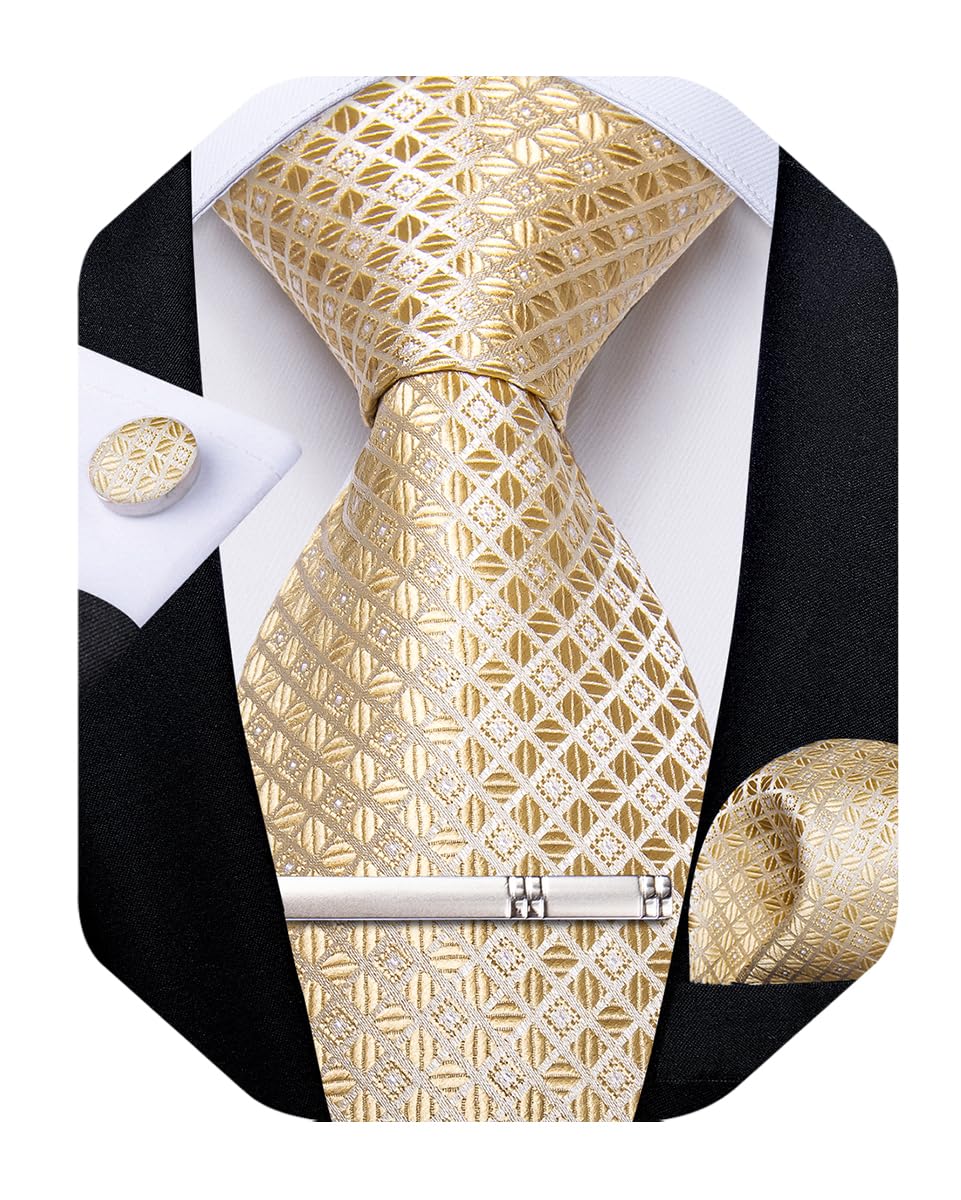Silk Ties for Men Formal Plaid Check Necktie and Pocket Square Cufflinks Tie Clip Set Wedding Necktie with Gift Box