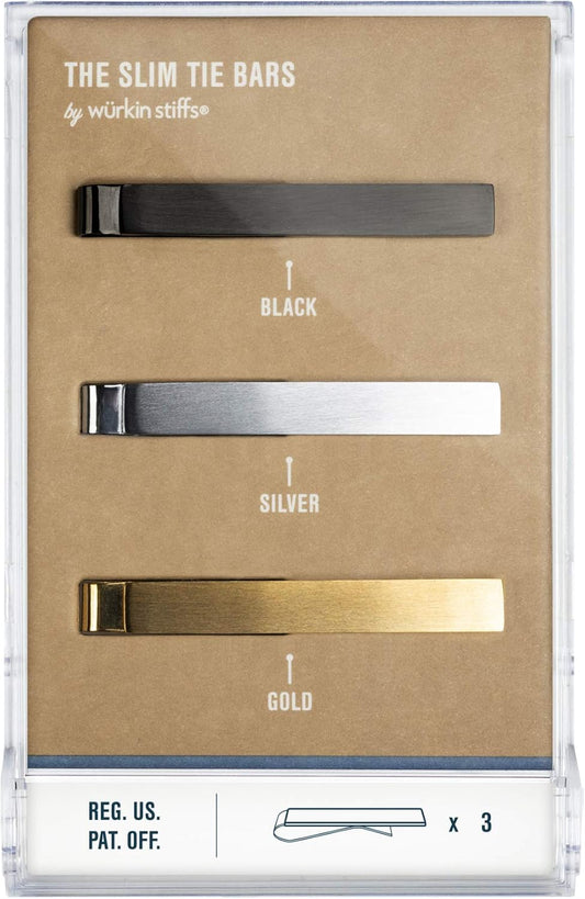 The Slim Tie Bar Clip Set by Würkin Stiffs | Set of 3 Brushed Finish Tie Clips | Includes (1) Gold, (1) Black, (1) Silver | Pack of 1.65” Long Necktie Clips | Gift for Men | As Seen on Shark Tank