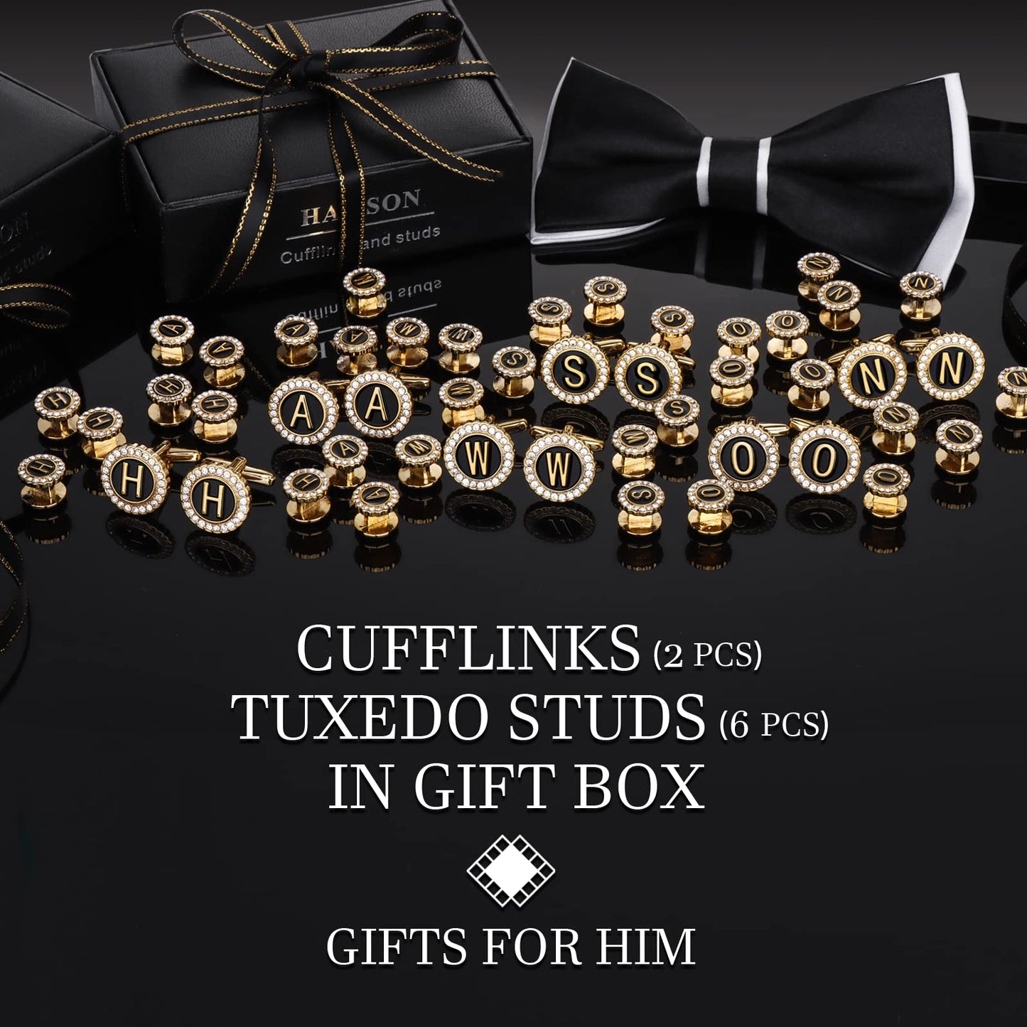 18K Gold Tone Initial Cufflinks for Men with Tuxedo Studs