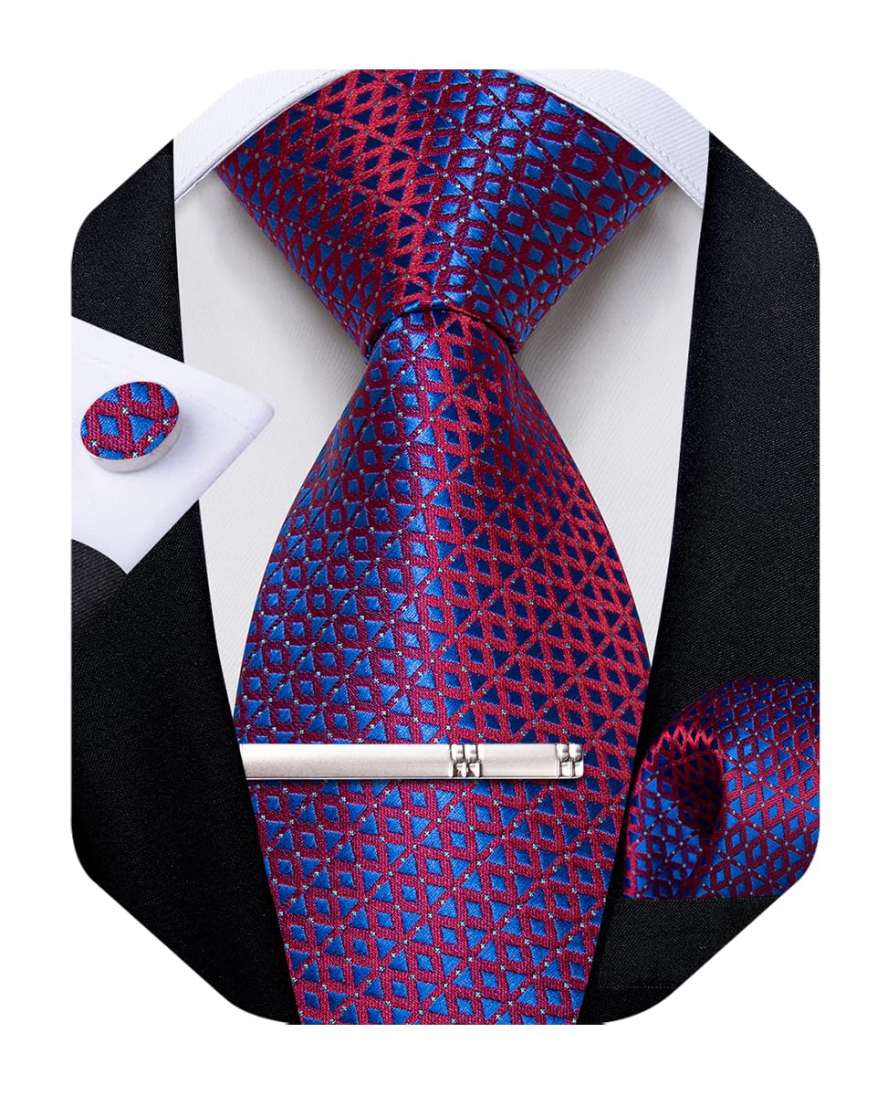 Silk Ties for Men Formal Plaid Check Necktie and Pocket Square Cufflinks Tie Clip Set Wedding Necktie with Gift Box