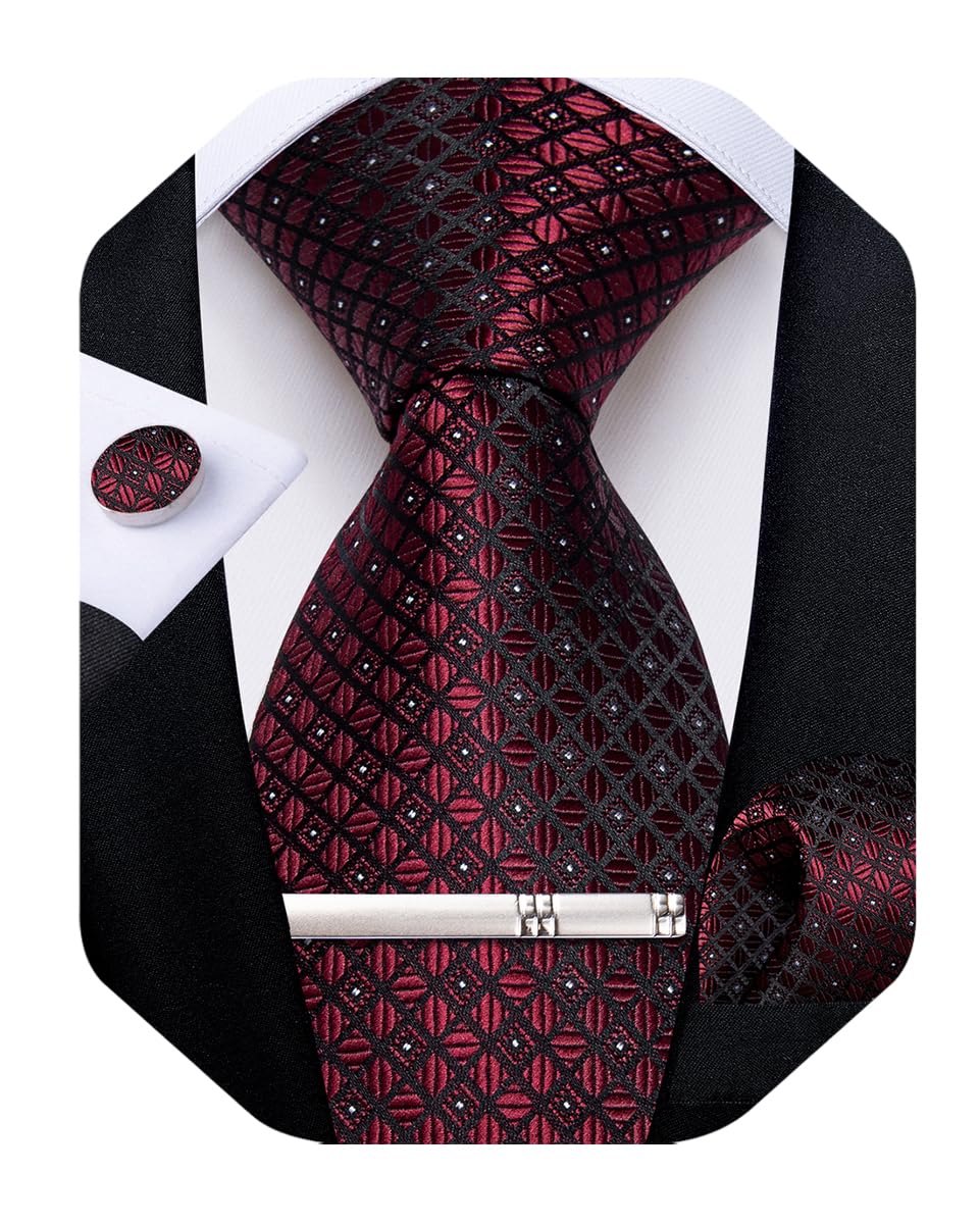 Silk Ties for Men Formal Plaid Check Necktie and Pocket Square Cufflinks Tie Clip Set Wedding Necktie with Gift Box