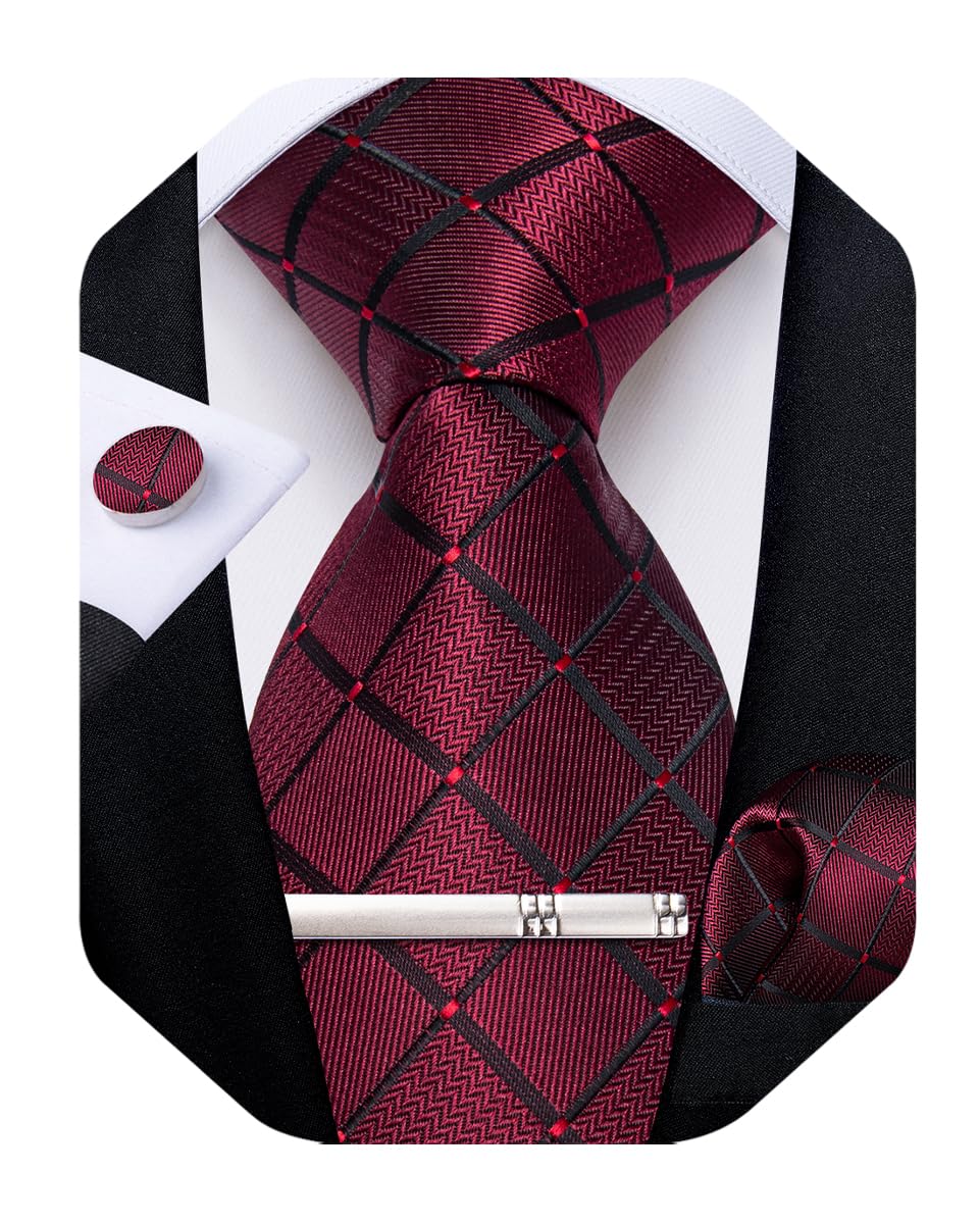 Silk Ties for Men Formal Plaid Check Necktie and Pocket Square Cufflinks Tie Clip Set Wedding Necktie with Gift Box