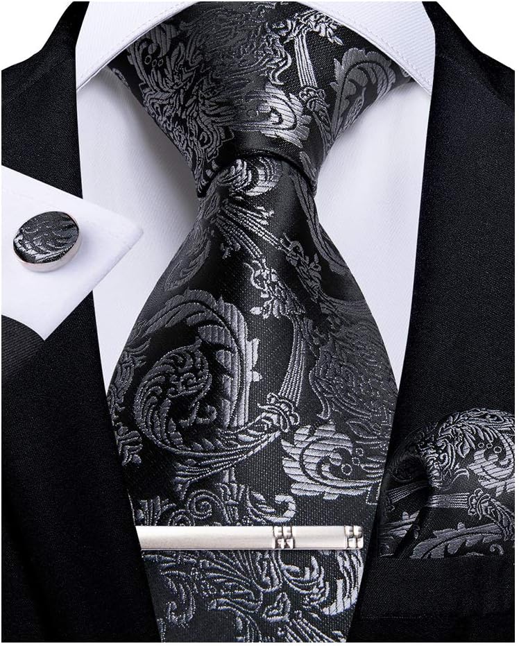Paisley Ties for Men Silk Necktie and Pocket Square Cufflinks Tie Clip Set Woven Classic Mens Tie for Wedding Party