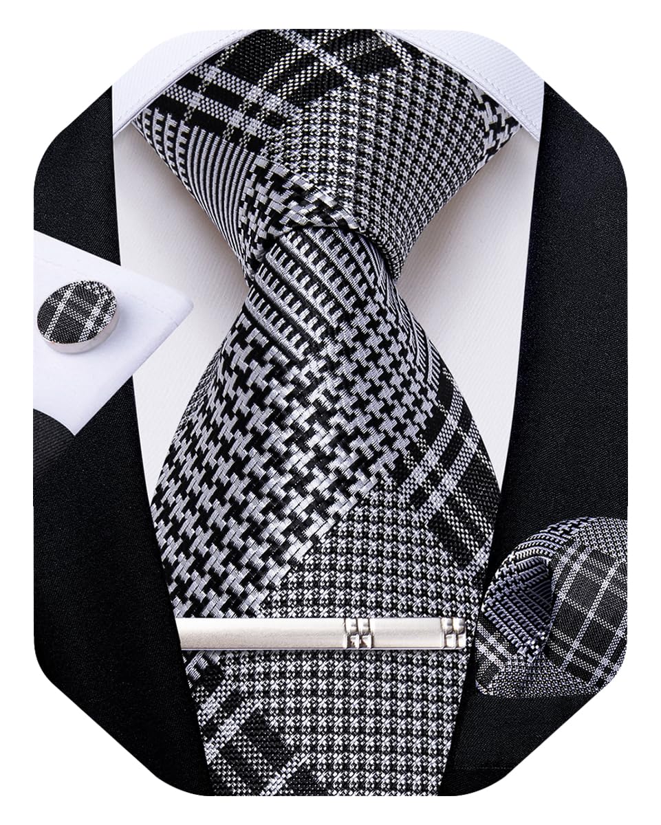 Silk Ties for Men Formal Plaid Check Necktie and Pocket Square Cufflinks Tie Clip Set Wedding Necktie with Gift Box