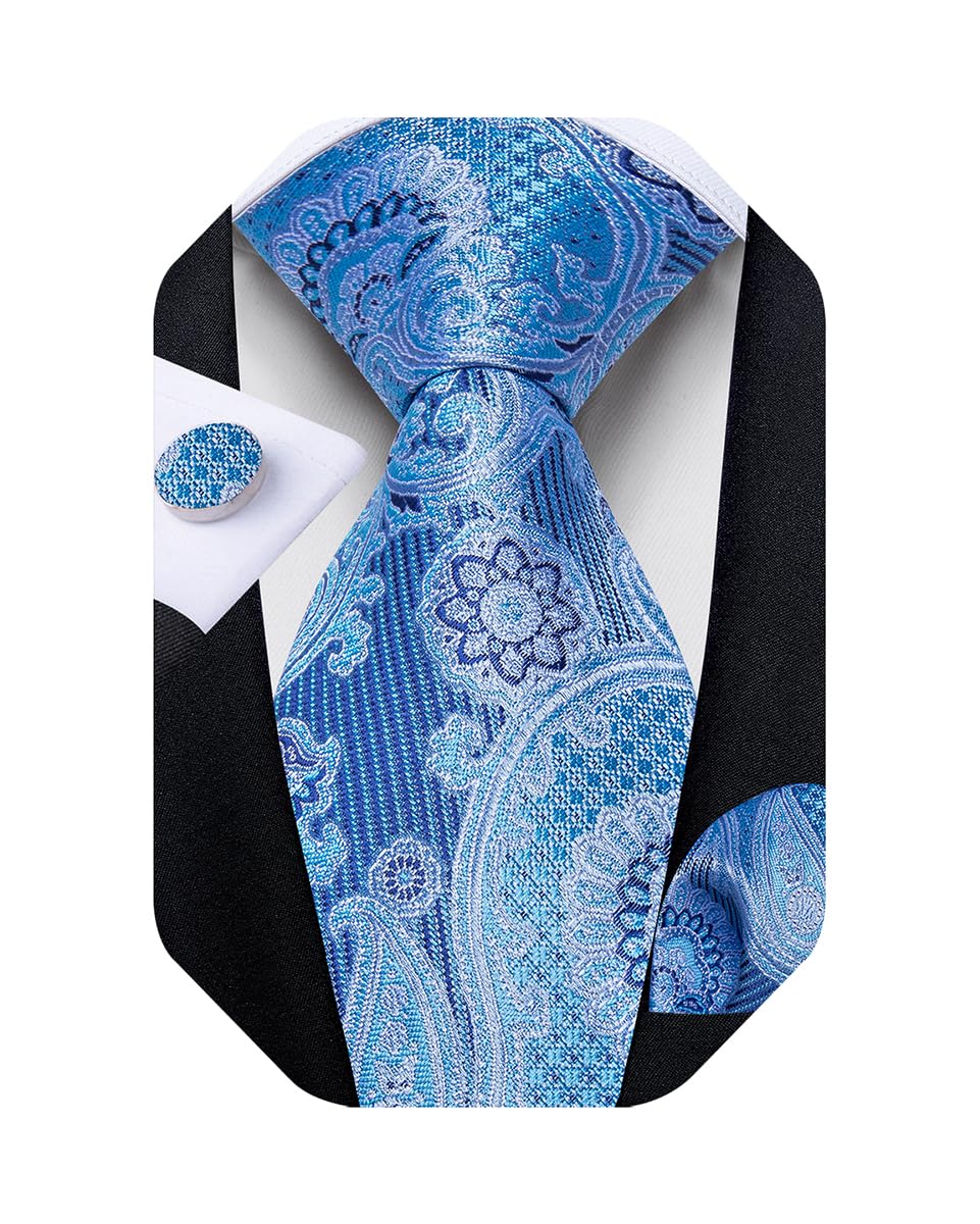 Mens Tie Set Silk Solid Paisley Necktie and Pocket Square Cufflinks Classic Formal Ties for Men Wedding Party