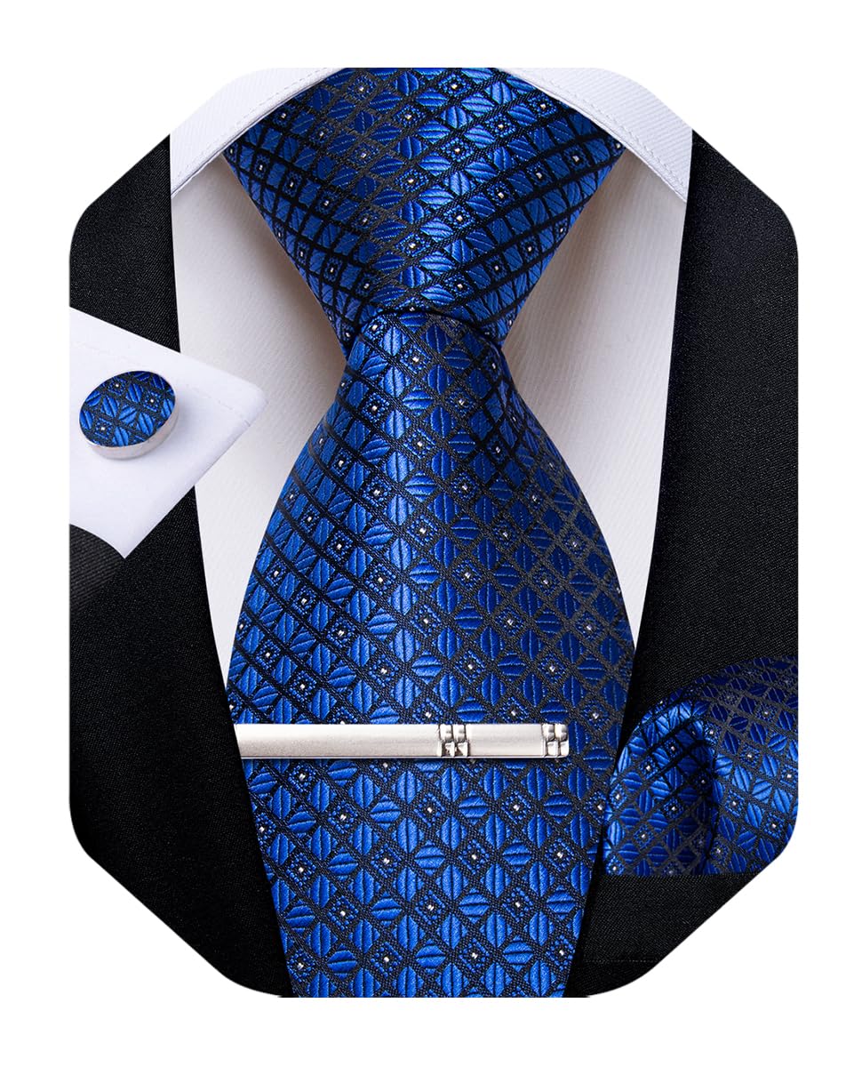 Silk Ties for Men Formal Plaid Check Necktie and Pocket Square Cufflinks Tie Clip Set Wedding Necktie with Gift Box