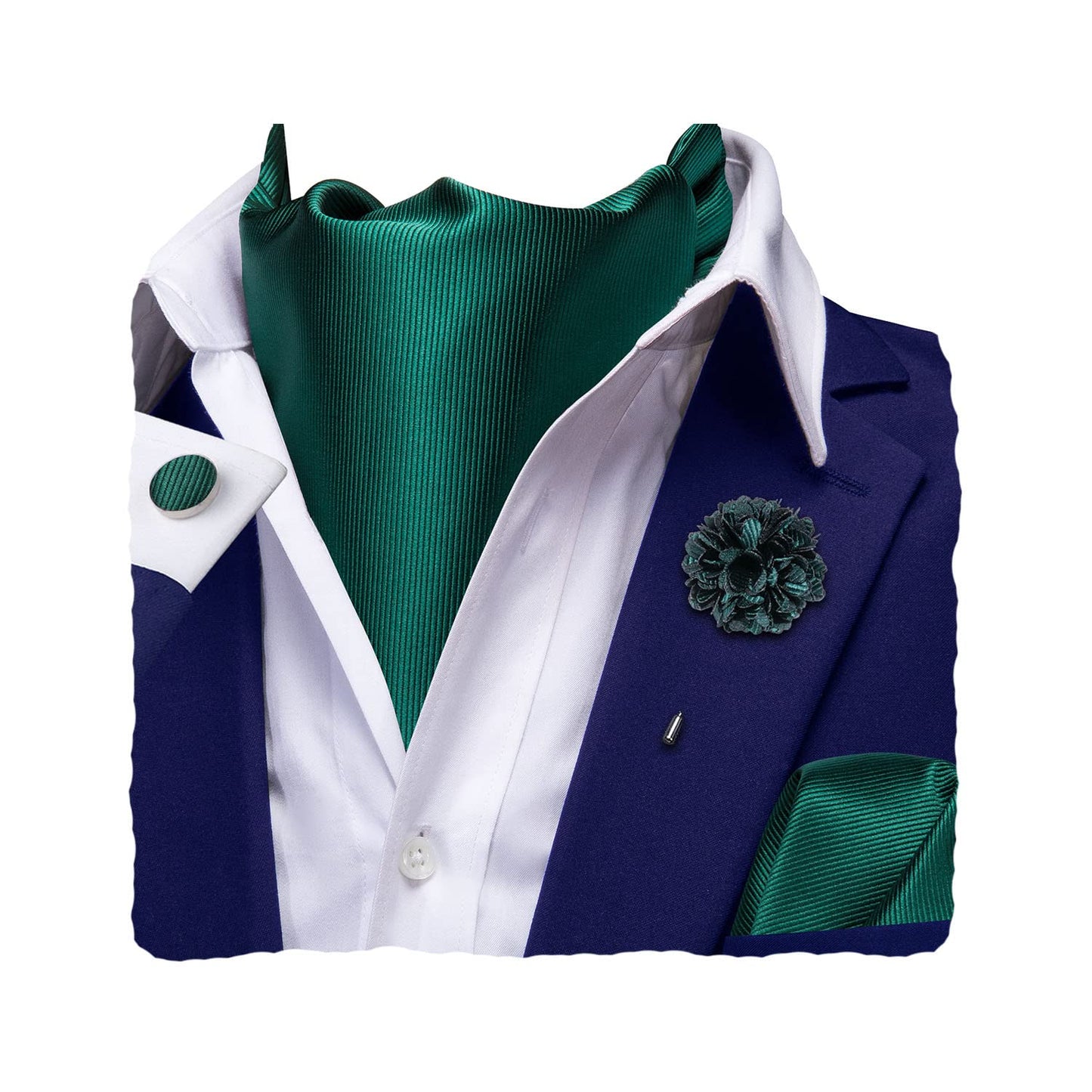 Silk Ascot for Men Self Tie Men's Cravat and Flower Lapel Pin Handkerchief Cufflinks Set for Wedding Party