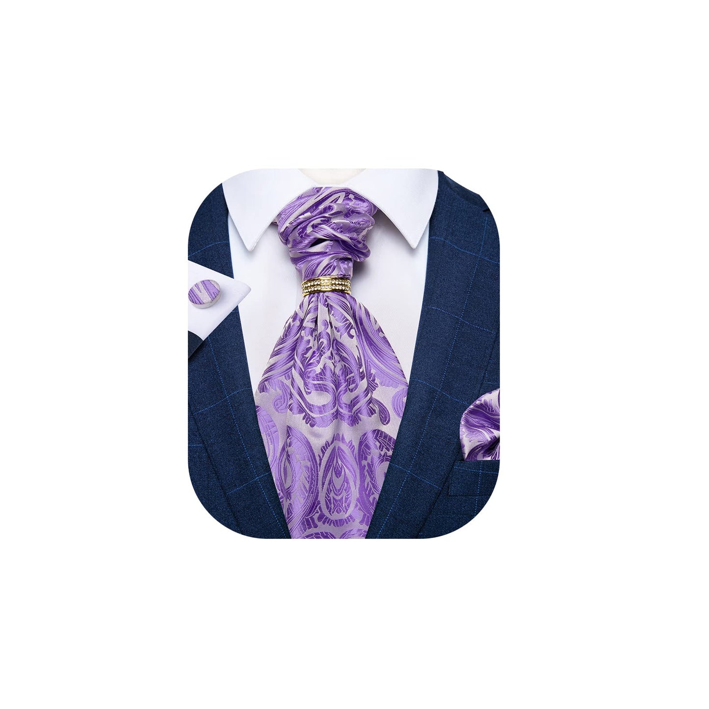 DiBanGu Paisley Ascot Ties for Men Silk Woven Cravat Tie and Pocket Square Cufflinks Set with Tie Ring for Wedding Party