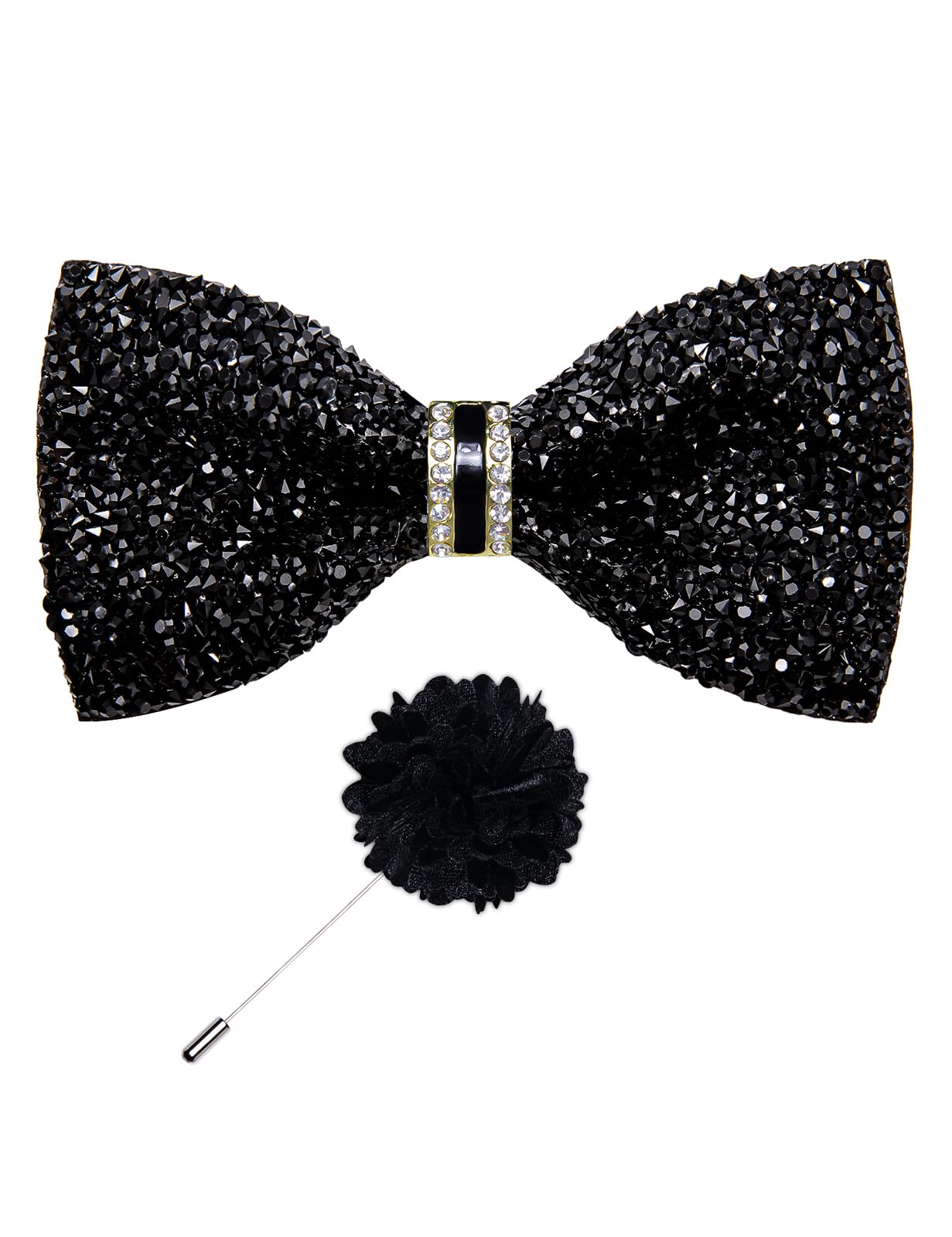 Rhinestone Bow Ties for Men Adjustable Sequin Diamond Pre-tied Bowtie with Ring and Lapel Pin Set for Wedding Party
