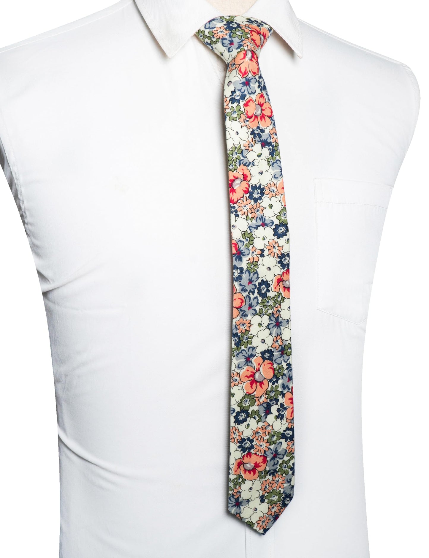 Cotton Floral Skinny Tie and Pocket Square With Tie Clip Set
