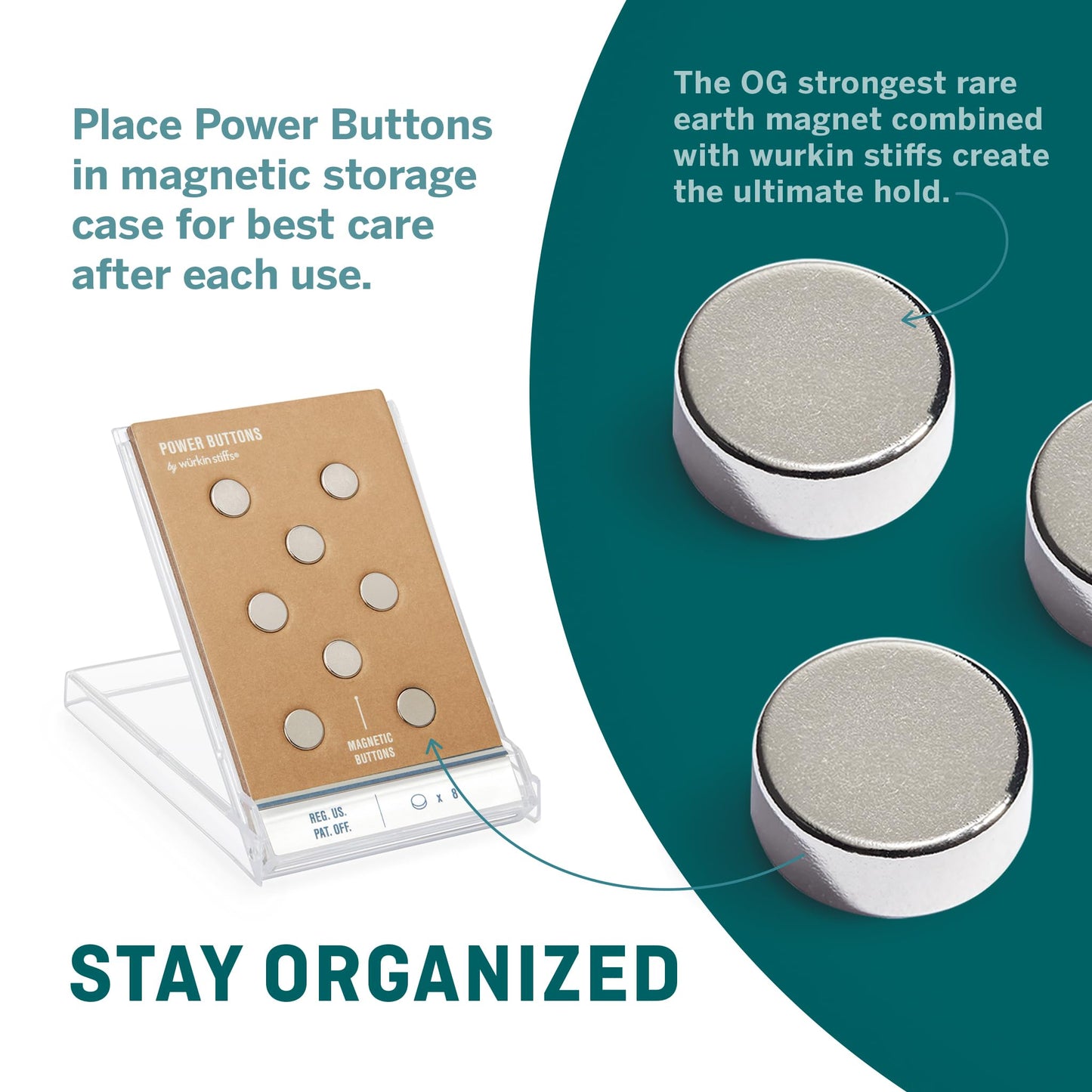 Würkin Stiffs Magnetic Power Buttons Pack of 8 | Magnets for Collar Stays in Storage Case | As Seen on Shark Tank