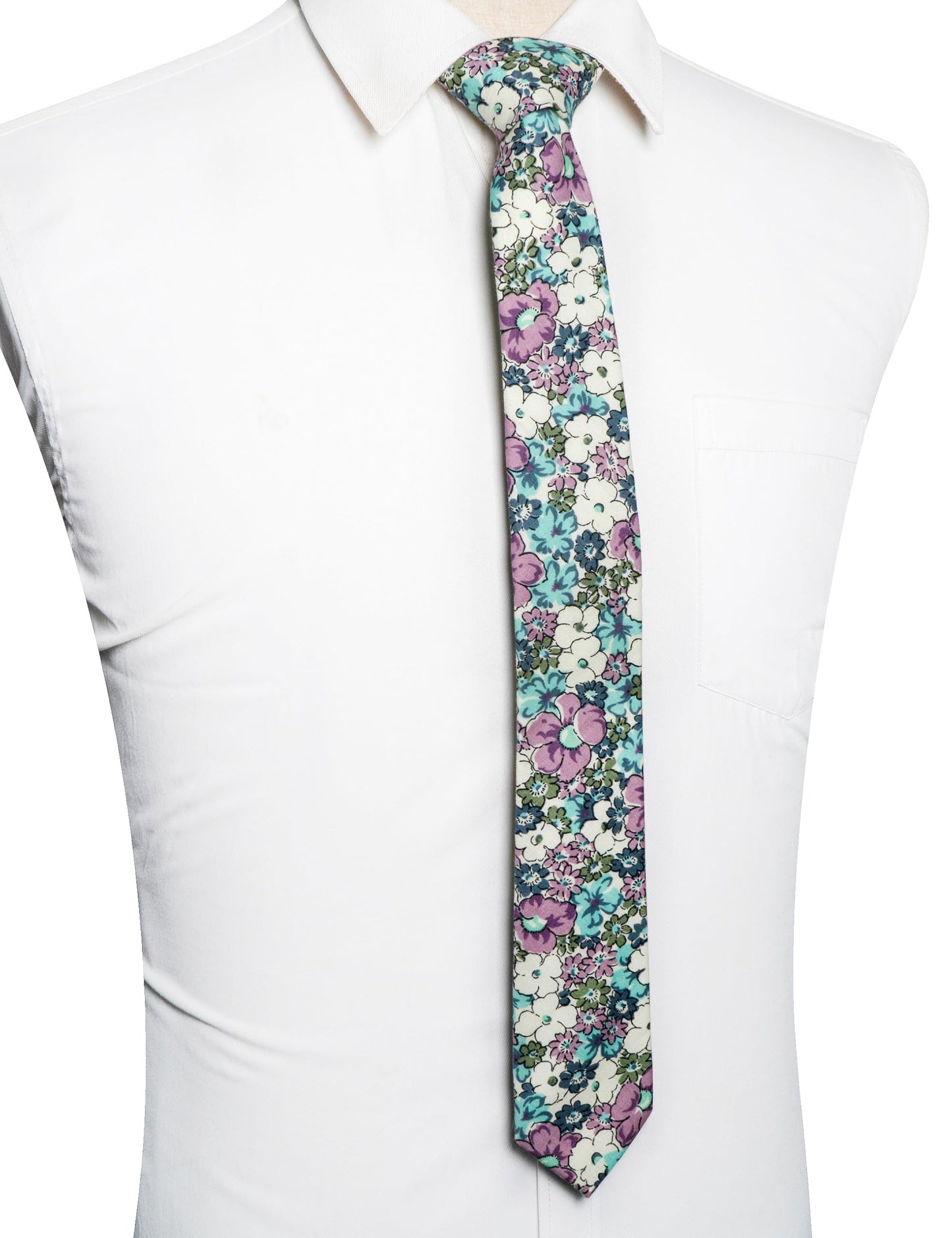 Cotton Floral Skinny Tie and Pocket Square With Tie Clip Set