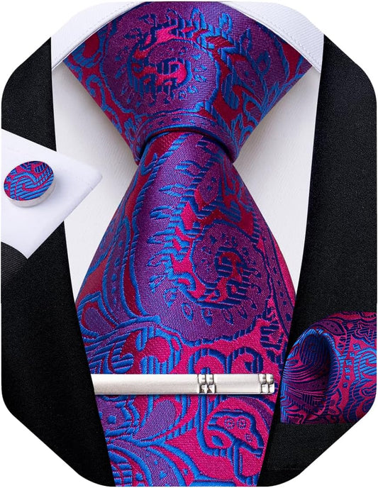 Paisley Ties for Men Silk Necktie and Pocket Square Cufflinks Tie Clip Set Woven Classic Mens Tie for Wedding Party
