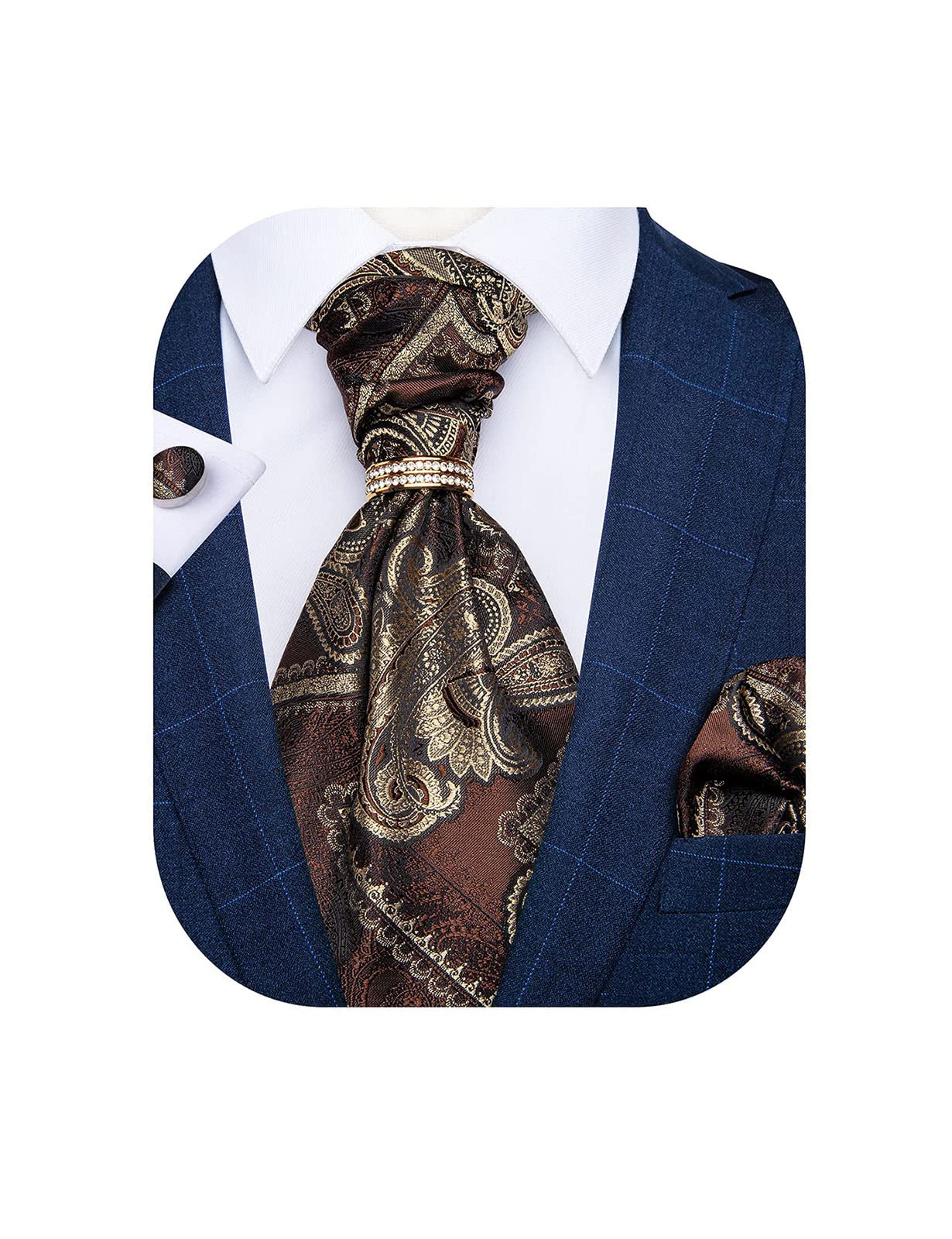 DiBanGu Paisley Ascot Ties for Men Silk Woven Cravat Tie and Pocket Square Cufflinks Set with Tie Ring for Wedding Party