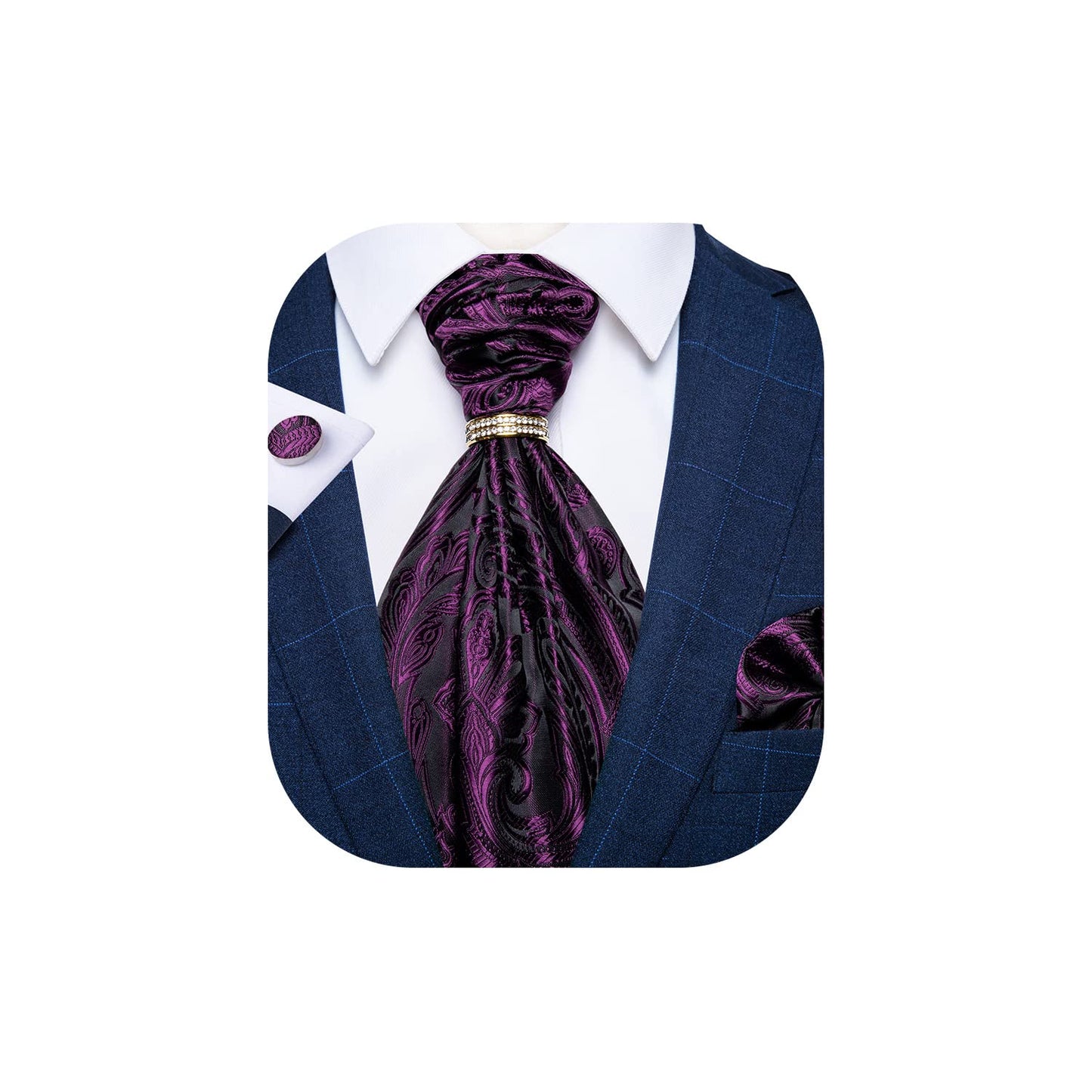 DiBanGu Paisley Ascot Ties for Men Silk Woven Cravat Tie and Pocket Square Cufflinks Set with Tie Ring for Wedding Party