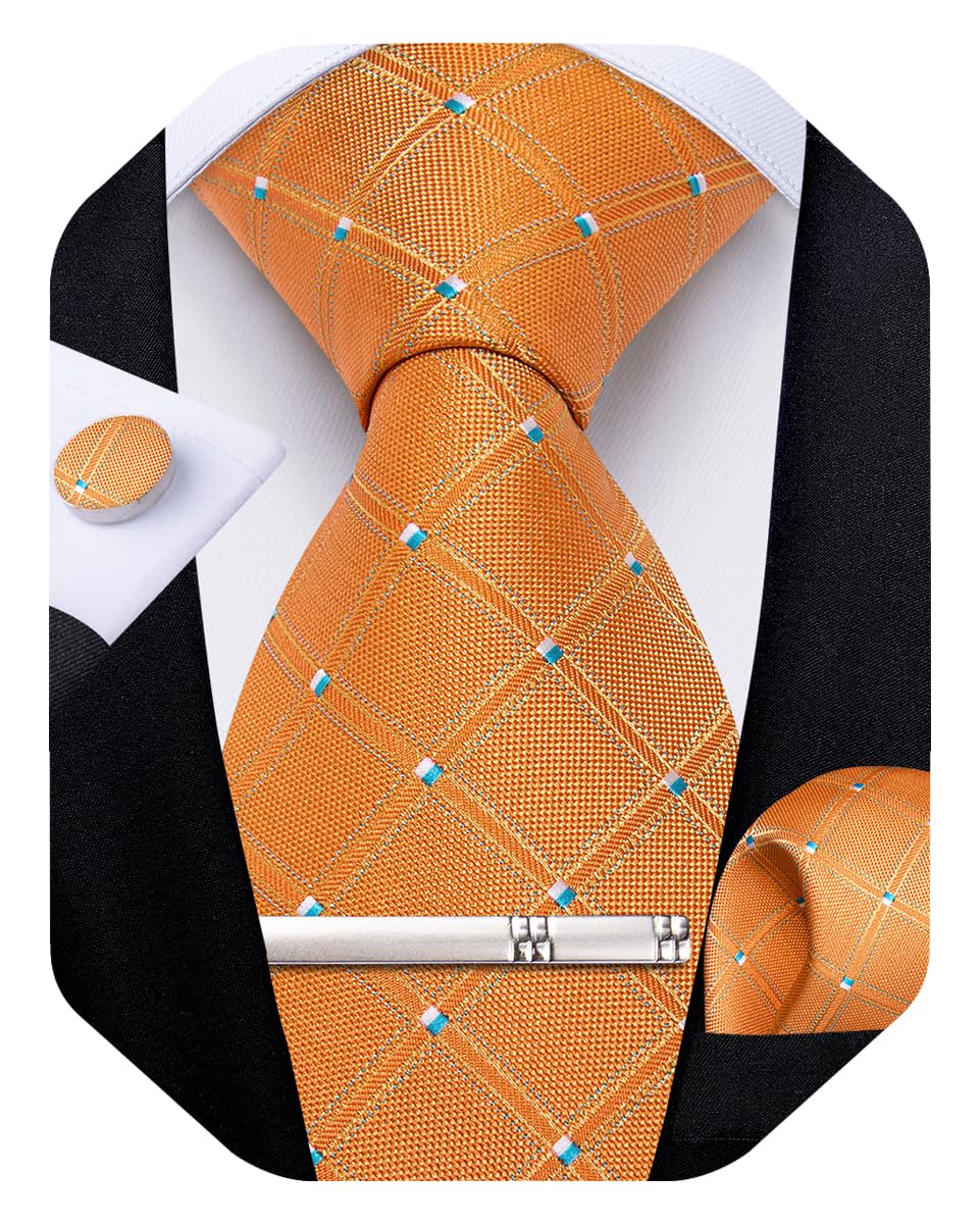 Silk Ties for Men Formal Plaid Check Necktie and Pocket Square Cufflinks Tie Clip Set Wedding Necktie with Gift Box