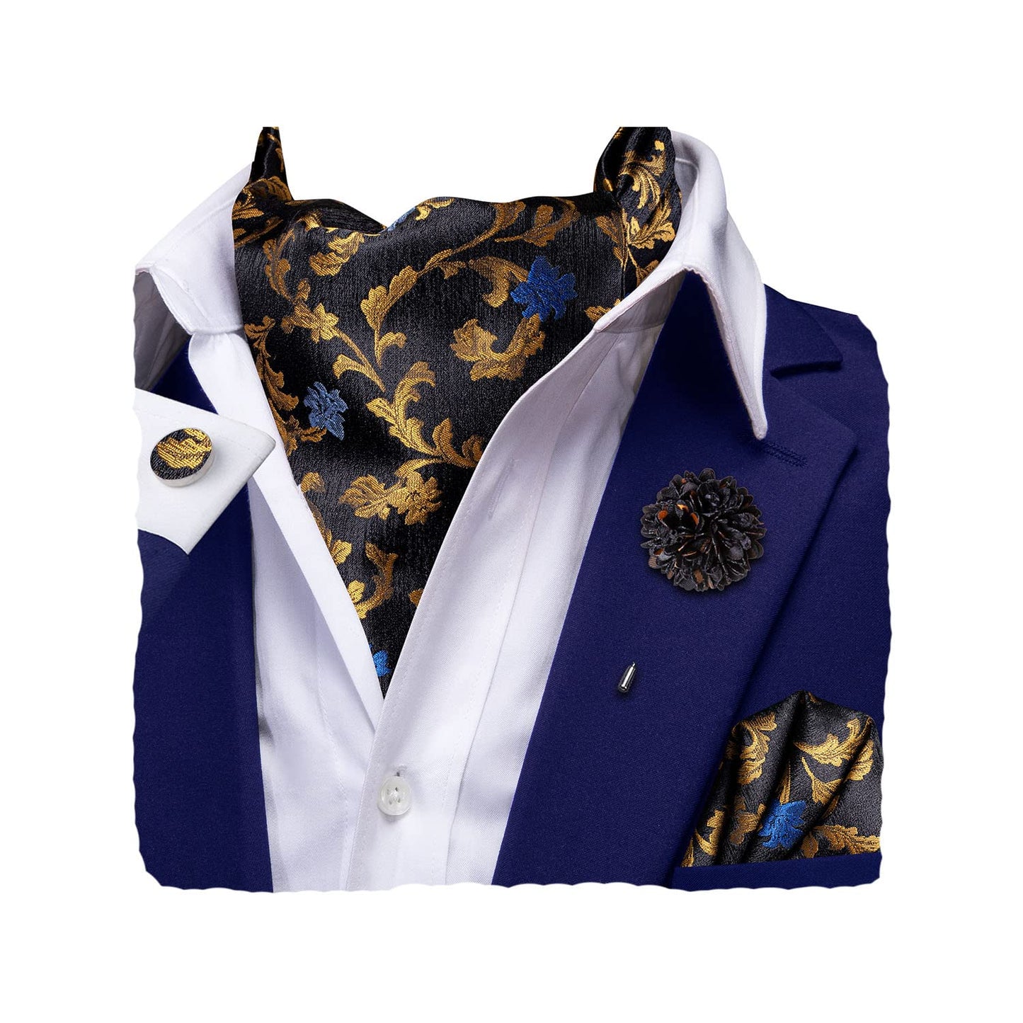 Silk Ascot for Men Self Tie Men's Cravat and Flower Lapel Pin Handkerchief Cufflinks Set for Wedding Party