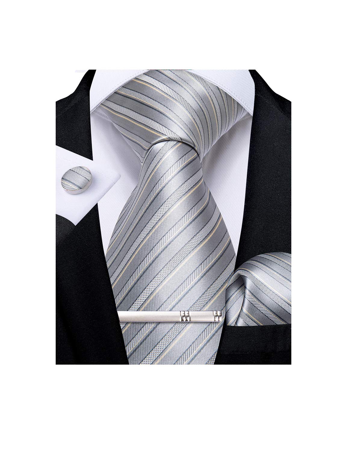 Mens Striped Tie Silk Woven Necktie and Pocket Square Cufflinks Tie Clip Set Wedding Business Formal Gift Tie for Men