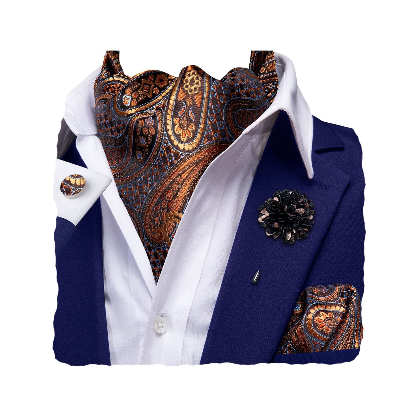 Silk Ascot for Men Self Tie Men's Cravat and Flower Lapel Pin Handkerchief Cufflinks Set for Wedding Party