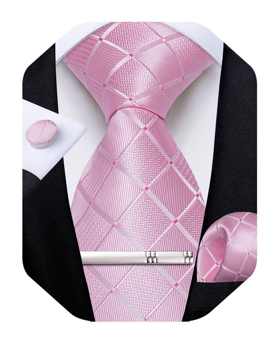 Silk Ties for Men Formal Plaid Check Necktie and Pocket Square Cufflinks Tie Clip Set Wedding Necktie with Gift Box