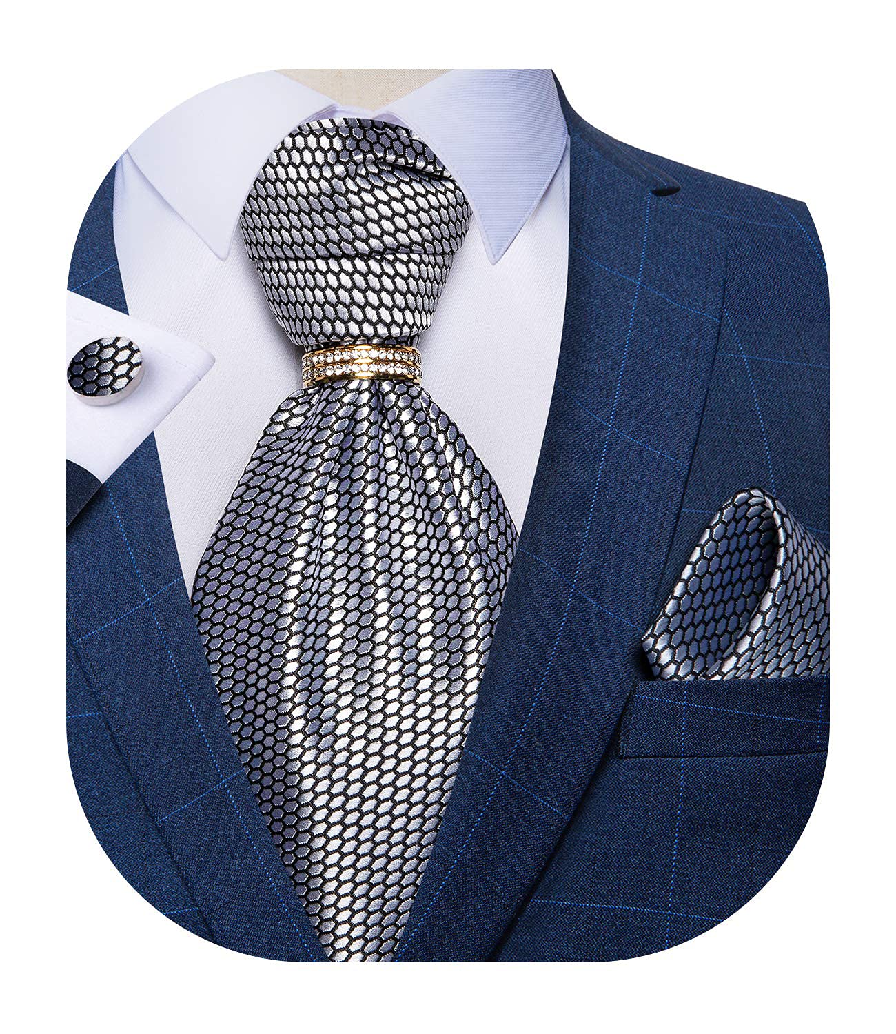DiBanGu Paisley Ascot Ties for Men Silk Woven Cravat Tie and Pocket Square Cufflinks Set with Tie Ring for Wedding Party