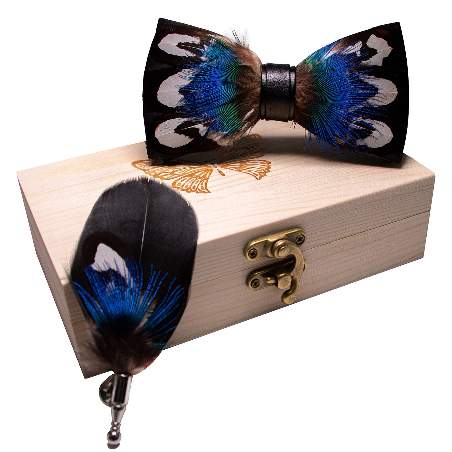 Handmade Feather Pre-tied Bow tie and Brooch Sets for Men