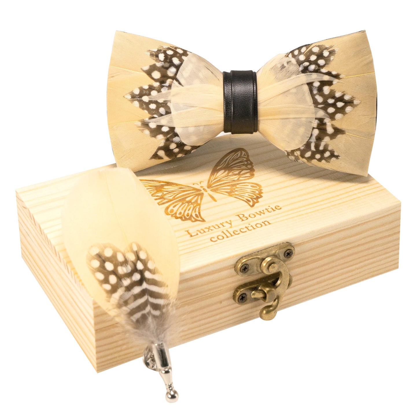 Handmade Feather Pre-tied Bow tie and Brooch Sets for Men