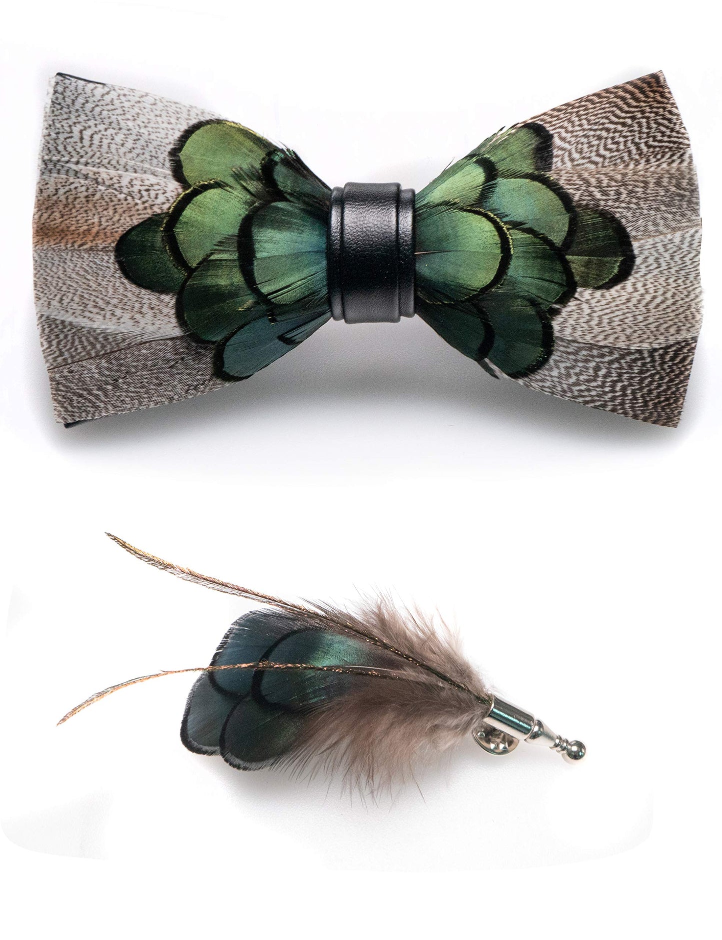 Handmade Feather Pre-tied Bow tie and Brooch Sets for Men