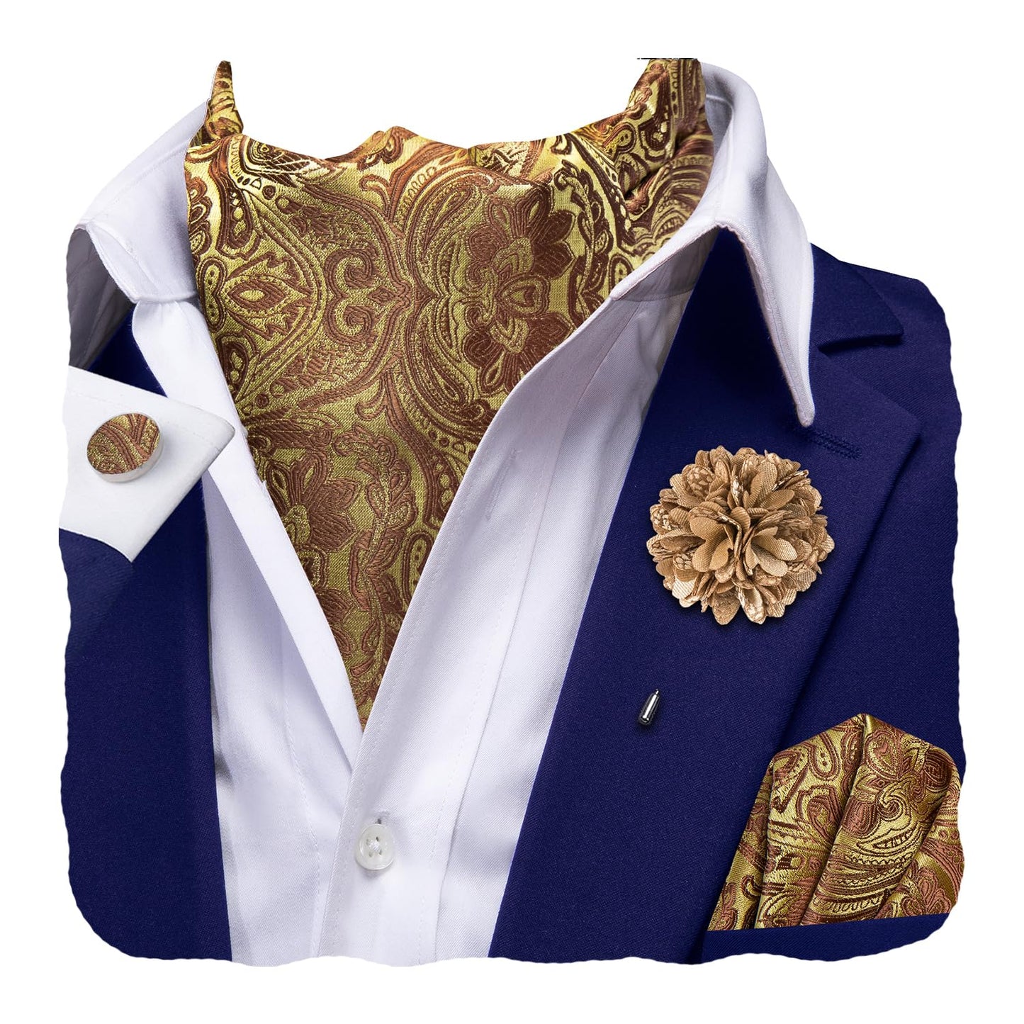 Silk Ascot for Men Self Tie Men's Cravat and Flower Lapel Pin Handkerchief Cufflinks Set for Wedding Party